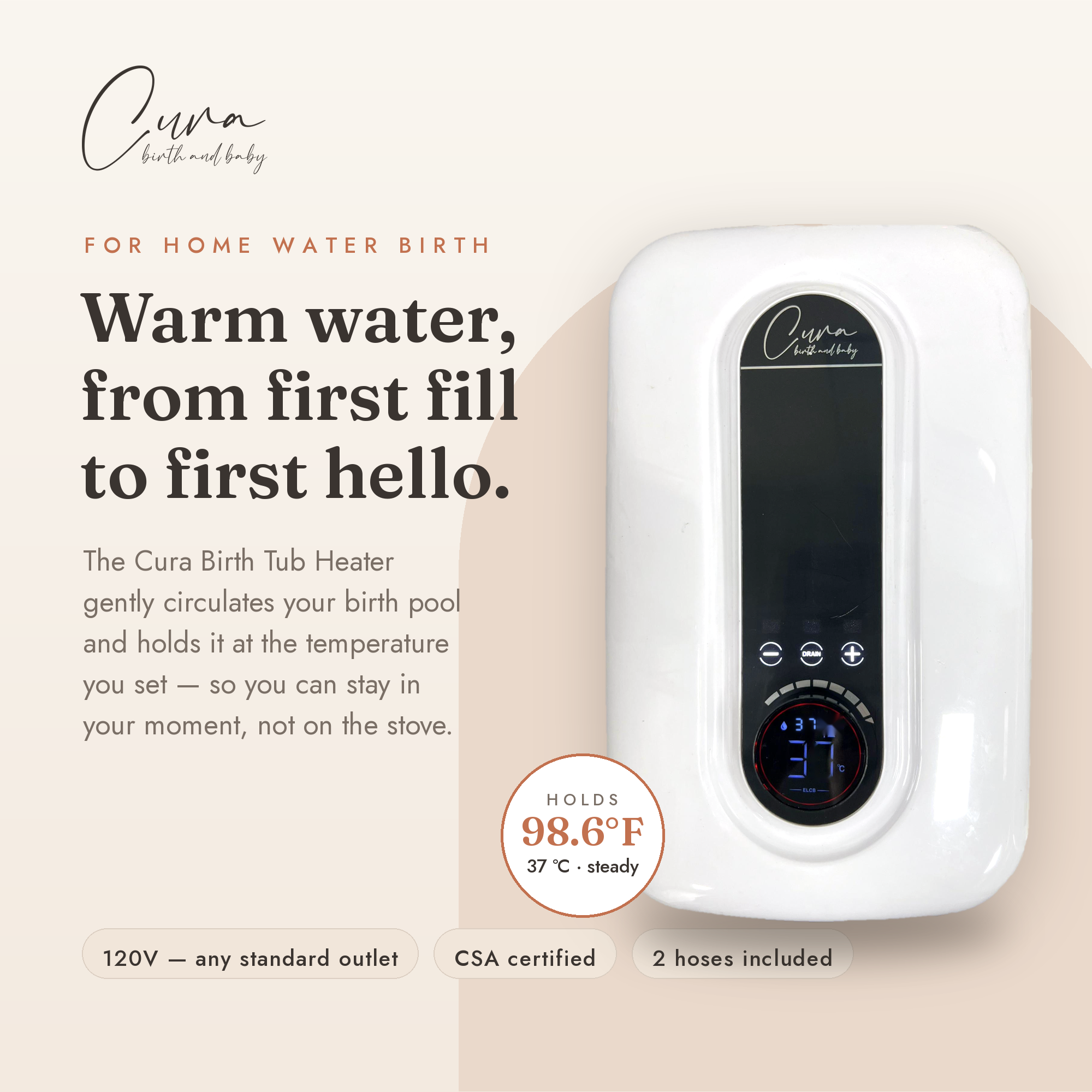 Cura Birth Tub Heater keeping birth pool water warm