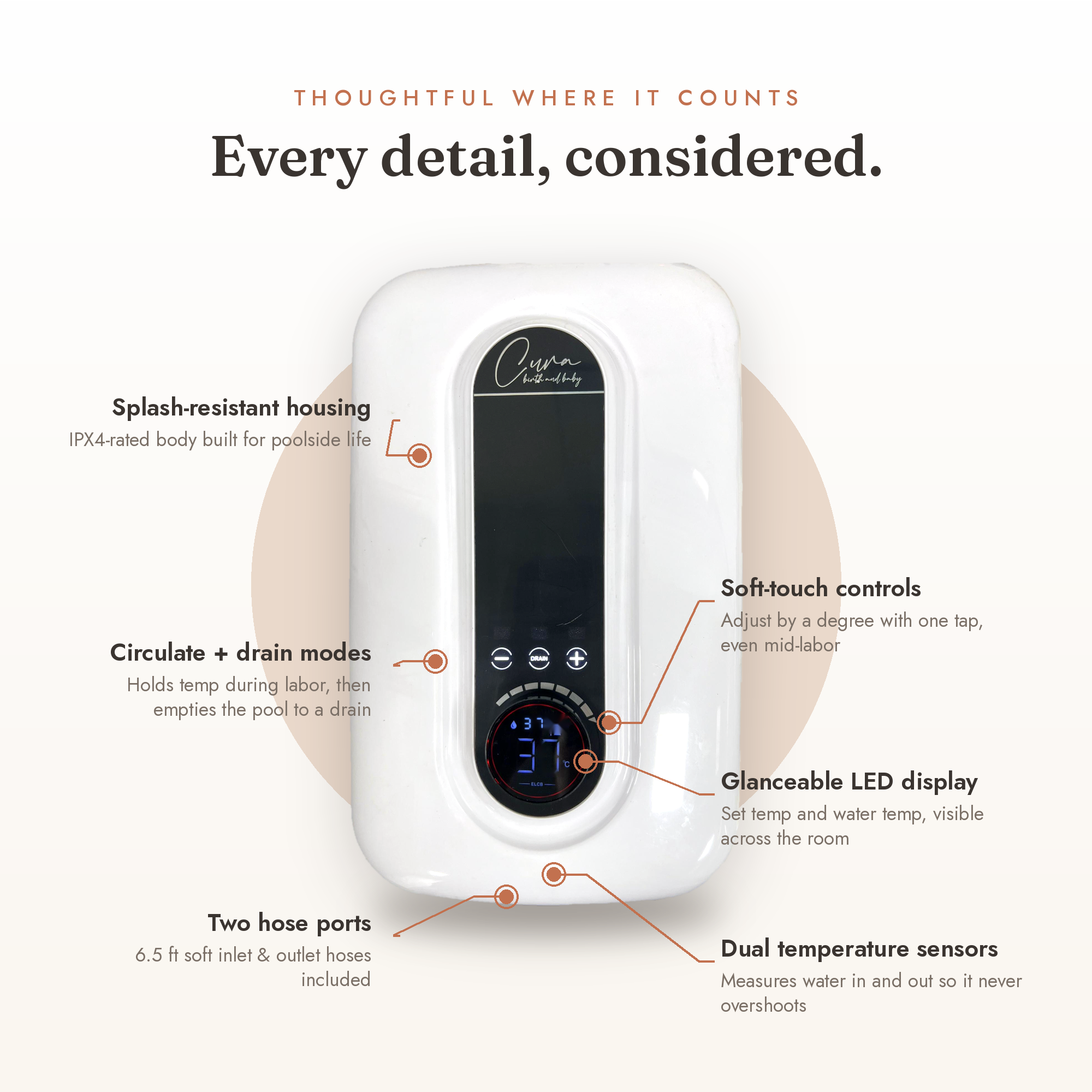 Key features of the Cura Birth Tub Heater