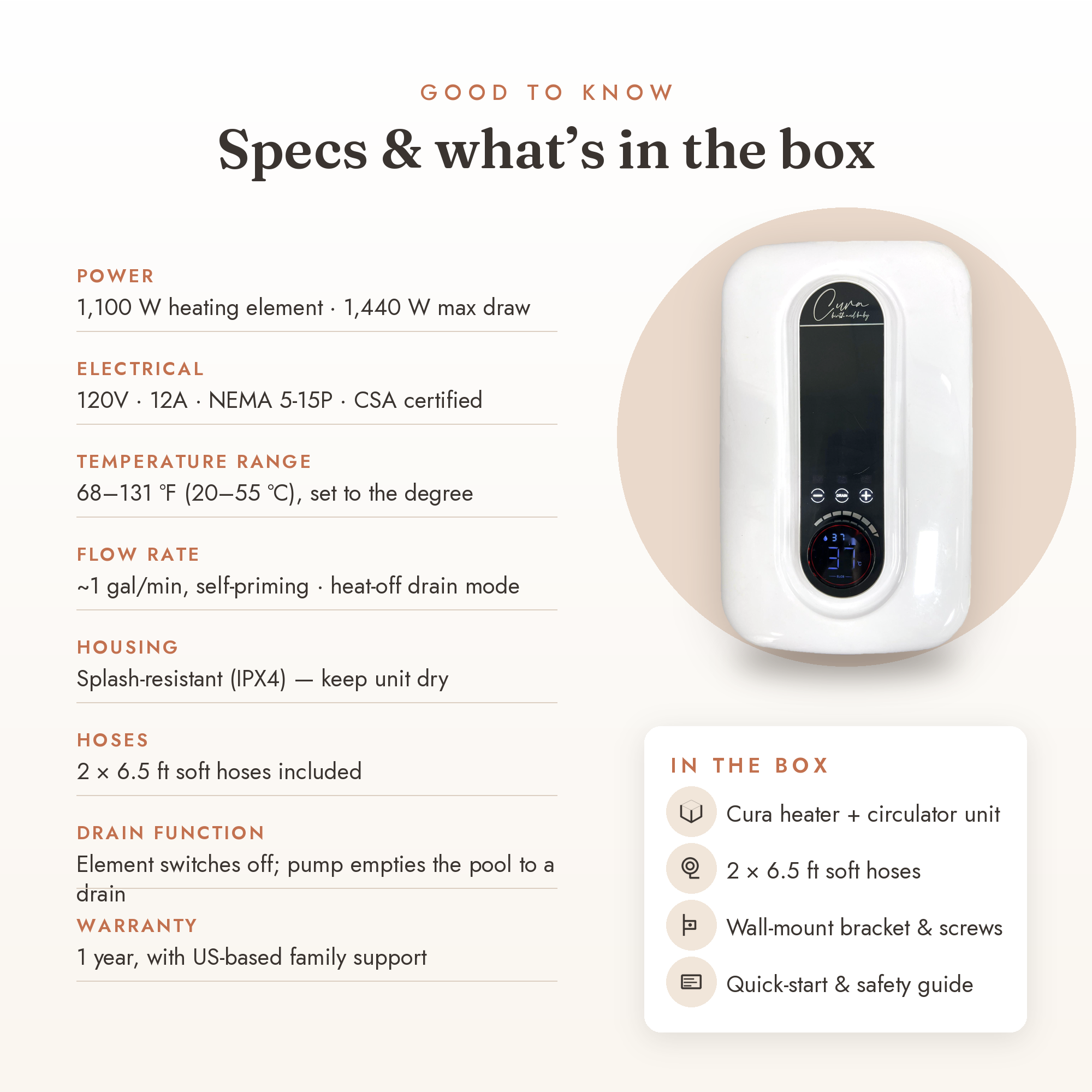 Cura Birth Tub Heater technical specifications